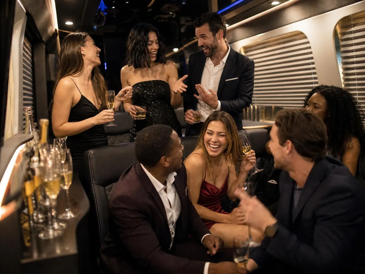 Friends laughing and celebrating inside a luxury party bus with warm ambient lighting