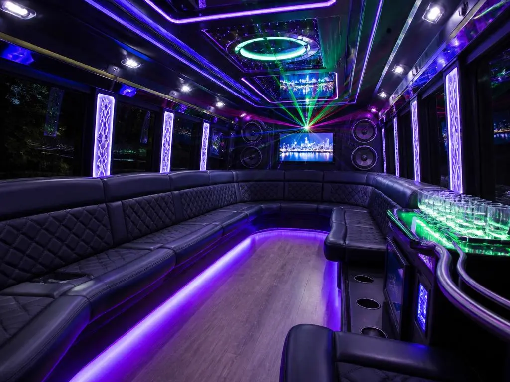 Spacious large party bus interior with laser lights and premium audio system