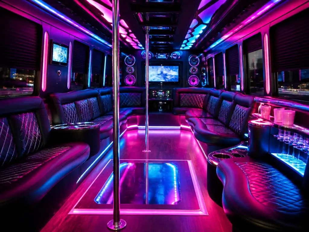 Luxury party bus interior with colorful LED lights, dance poles and premium sound system